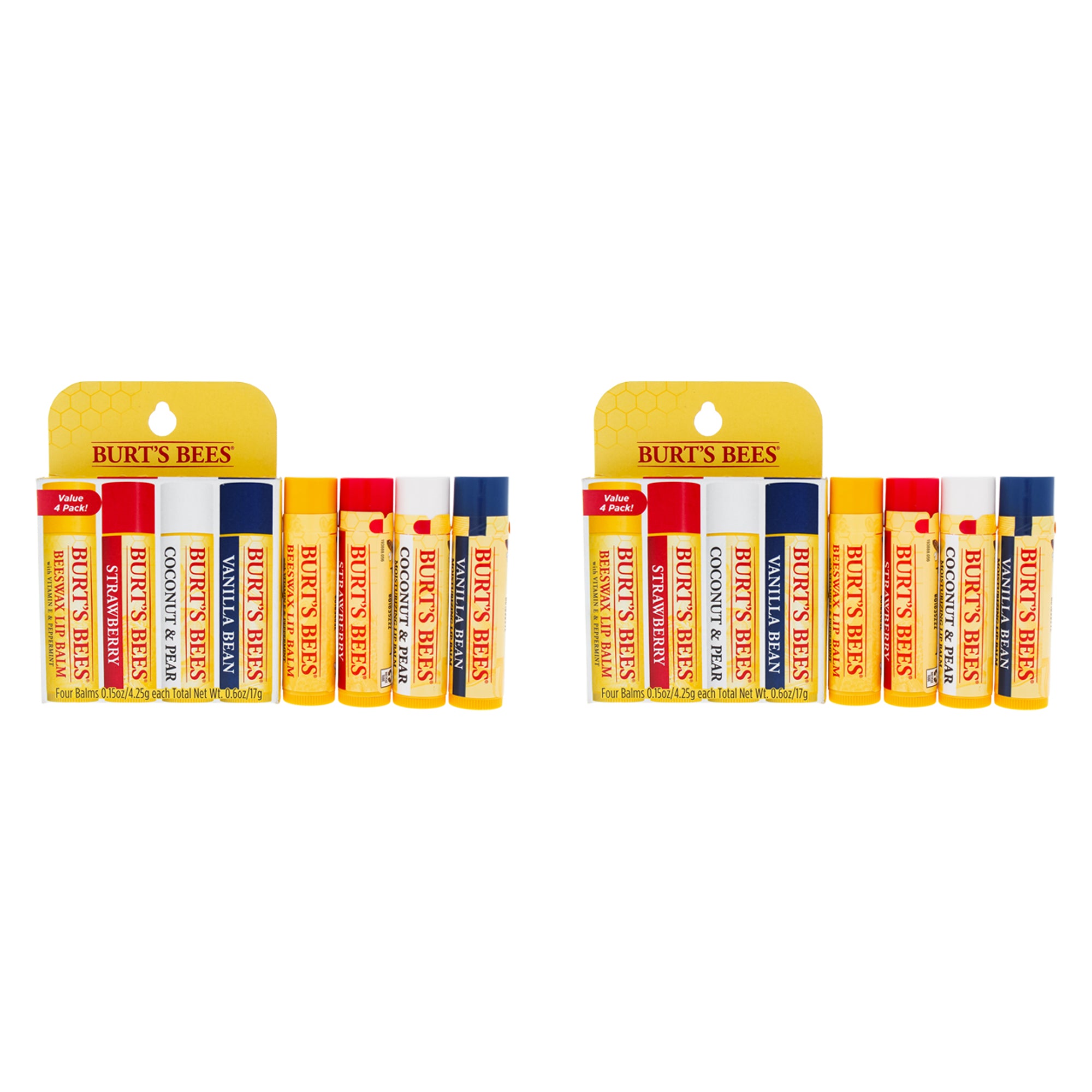 Best Of Burts Moisturizing Lip Balm Set by Burts Bees for Unisex - 4 x 0.15 oz Lip Balm Beeswax, Strawberry, Coconut and Pear, Vanilla Bean - Pack of 2
