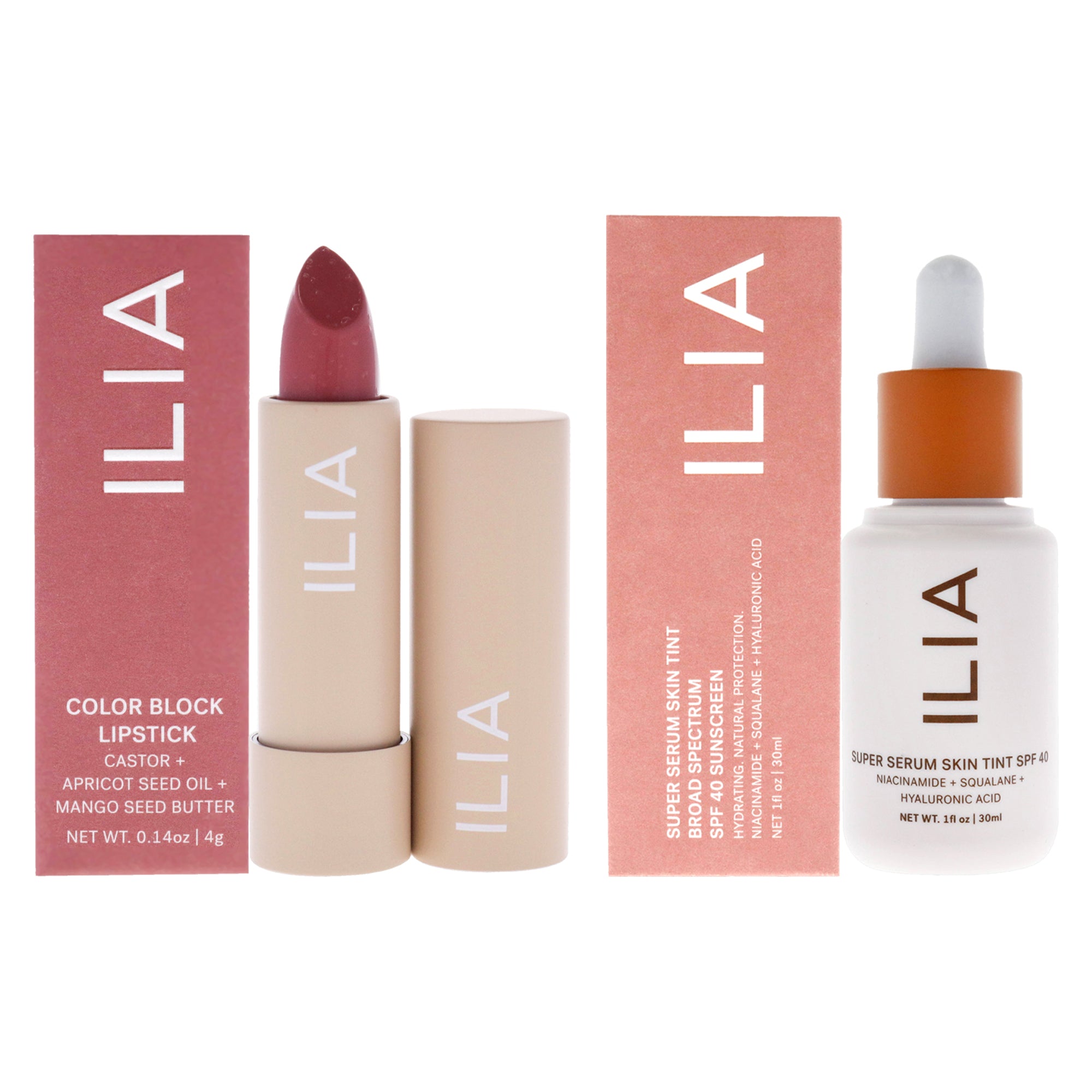 Color Block High Impact Lipstick - Wild Rose and Super Serum Skin Tint Foundation SPF 40 - ST14 Dominica Kit by ILIA Beauty for Women - 2 Pc Kit 0.14oz Lipstick, 1oz Foundation