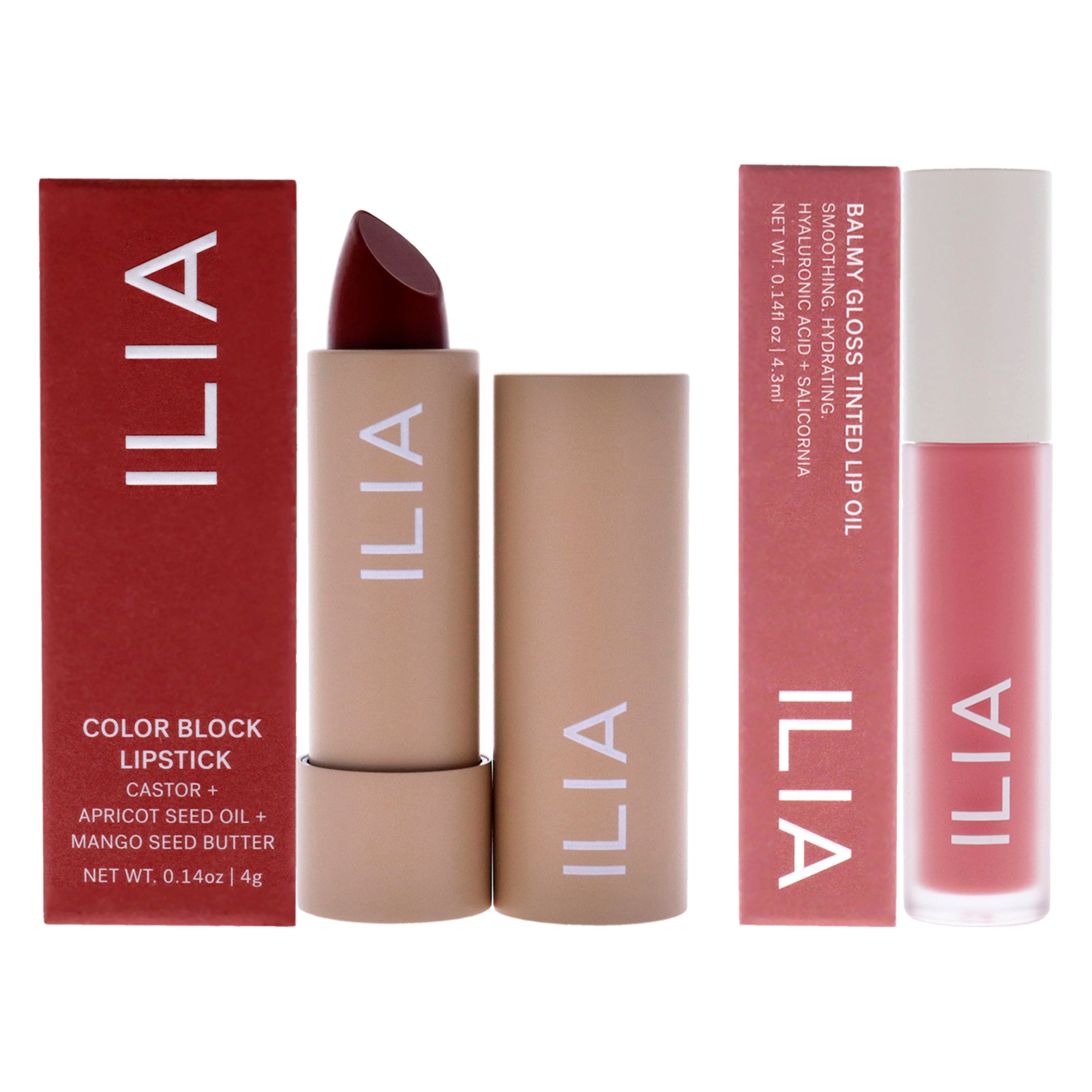 Color Block High Impact Lipstick - Tango and Balmy Gloss Tinted Lip Oil - Petals Kit by ILIA Beauty for Women - 2 Pc Kit 0.14oz Lipstick, 0.14oz Lip Oil