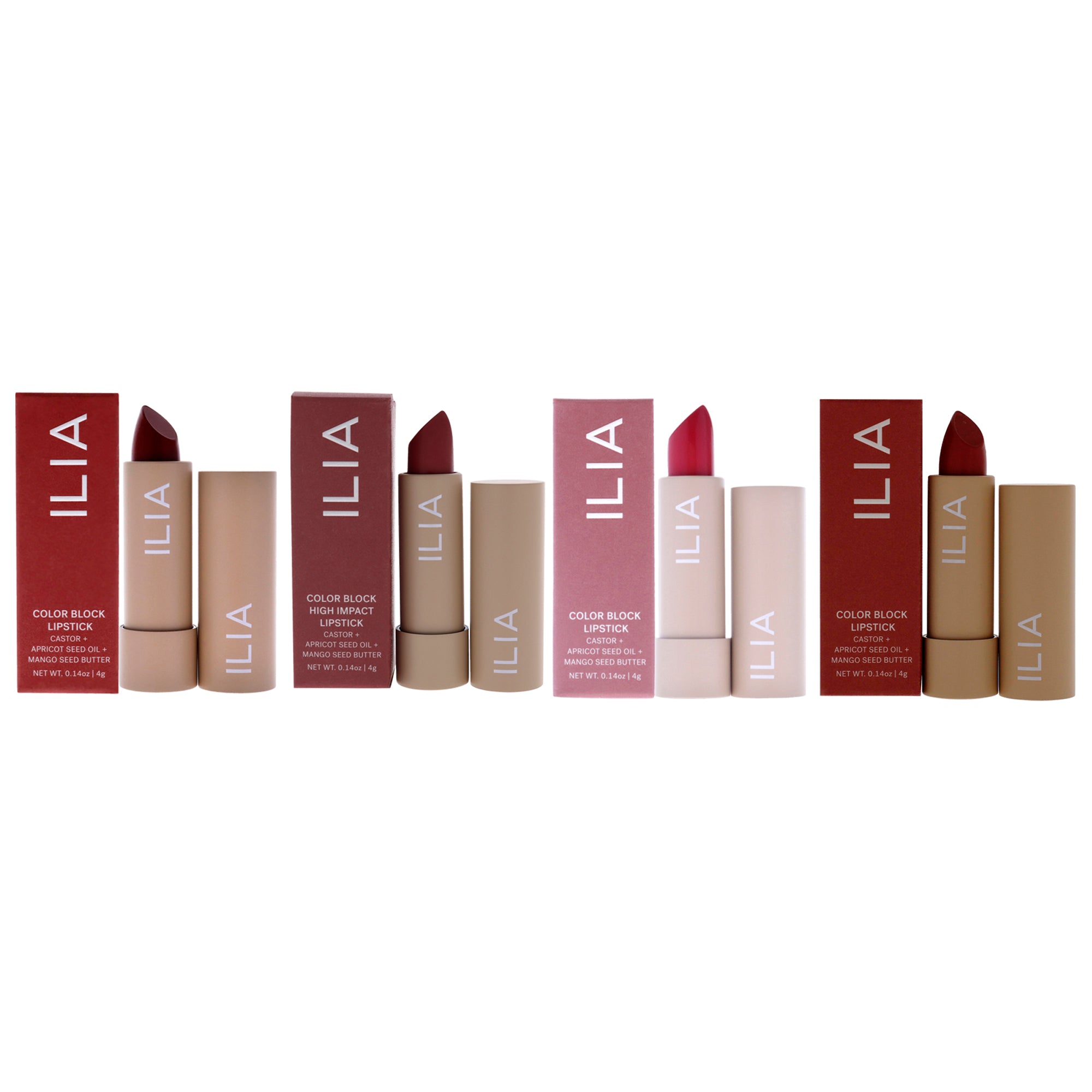 Color Block High Impact Lipstick - Tango-Grenadine-Amberlight-Rossette Kit by ILIA Beauty for Women - 4 Pc Kit 4 x 0.14 oz Lipstick
